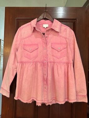 Entro Pink Acid Wash Button Front Peplum Top Raw Hem Medium